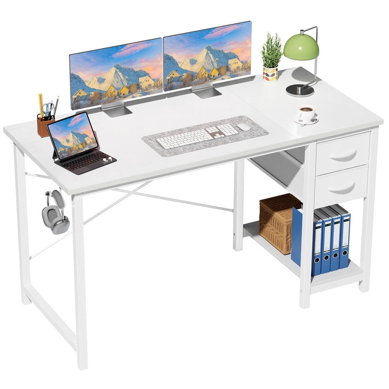 Kelno 47 Inch Computer Desk with 2 Fabric Drawers Home Office Work Table with Side Hook Adjustable Storage Shelf, White