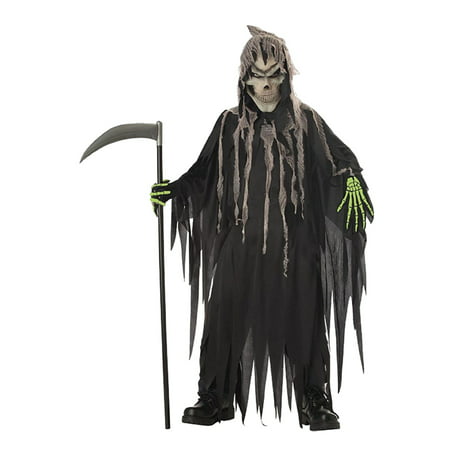 Boys Mr. Grim Reaper Halloween Costume Robe Hood Mask & Printed Gloves