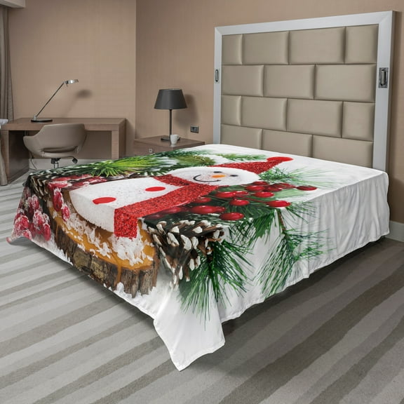 Ambesonne Christmas Flat Sheet, Funny Snowman, Queen Size, White