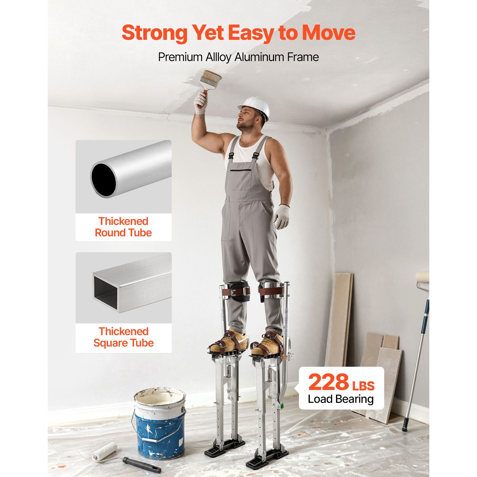 Drywall Stilts, 16.1–24.1 in Adjustable Aluminum Painter Stilts, 228 lbs Load Capacity, Non-Slip Rubber Feet, Dual Spring Shock Absorption, Comfortable Leg Straps for Painting, Decoration, Silver