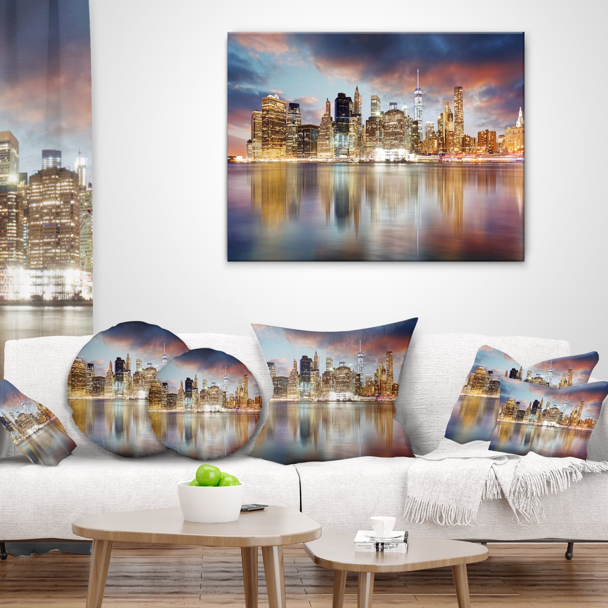 Designart New York Skyline at Sunrise with Reflection. - Cityscape Throw Pillow - 18x18