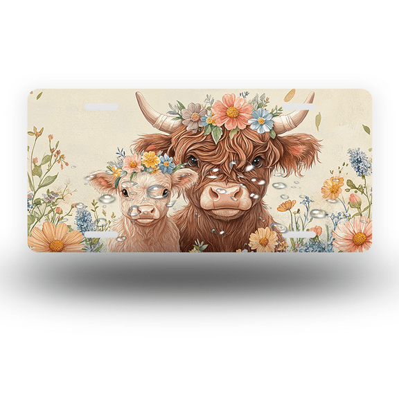 License Plate,Highland Cow with Floral Decorations Decorative Front,Personalized Stainless Steel License Plate Cover For Men Women,12.2" X 6.2"