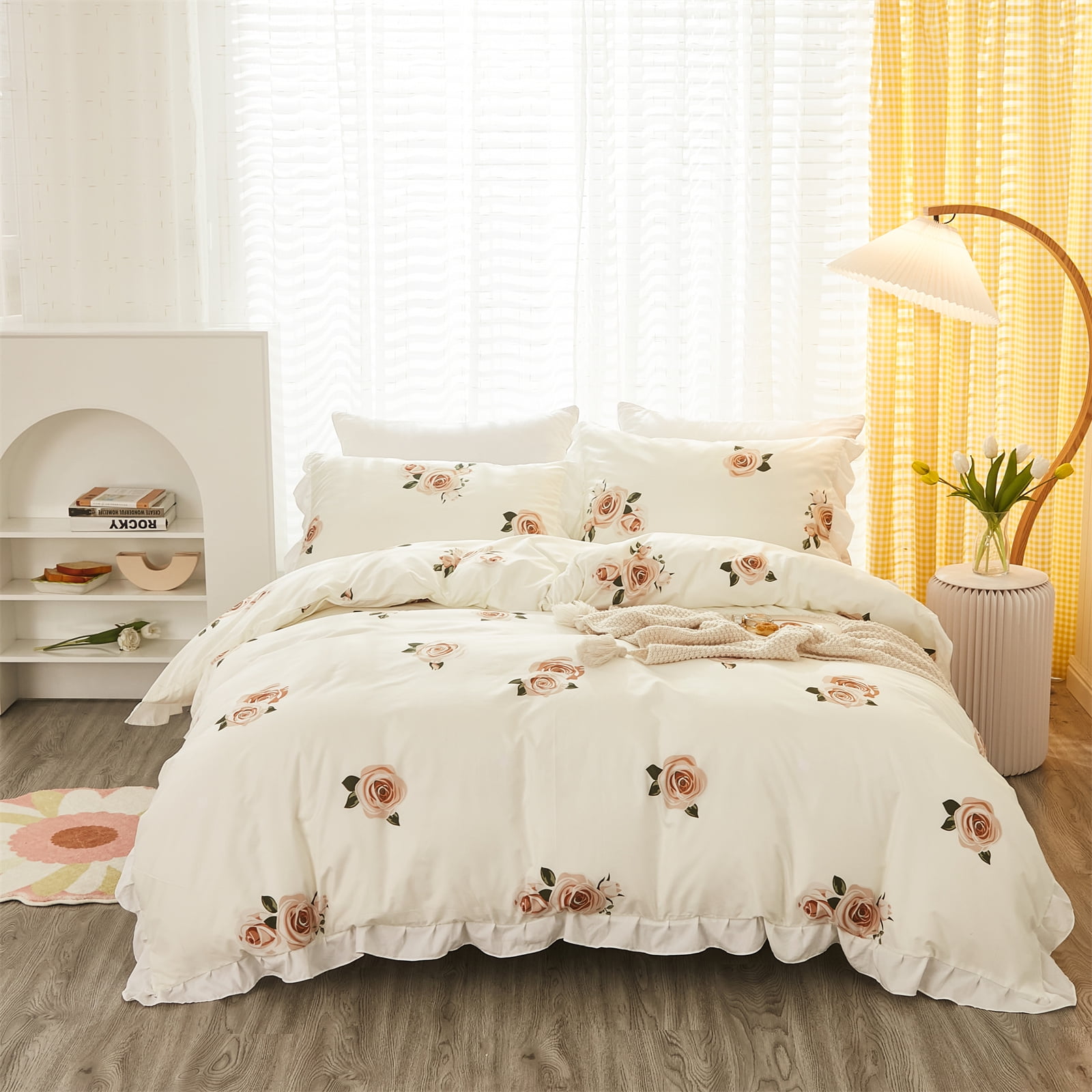 Move Over White Floral Duvet Cover Set King Ruffle Flowers Bedding Sets ...