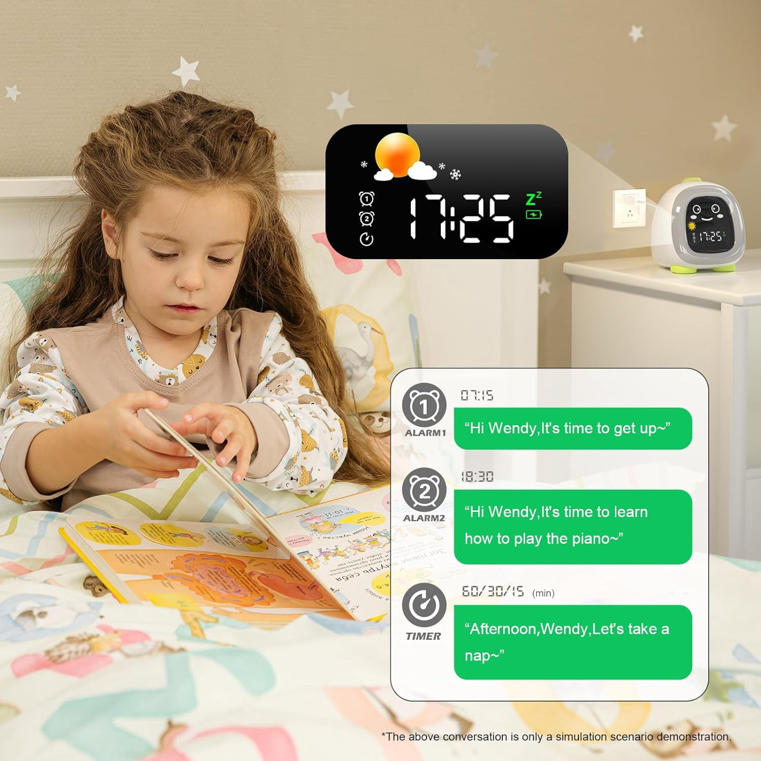 Hansang Kids Alarm Clock with 6-Color Night Light, Sleep Training OK to Wake Clock with Timer, Cute Green Dinosaur Design for Boys and Girls