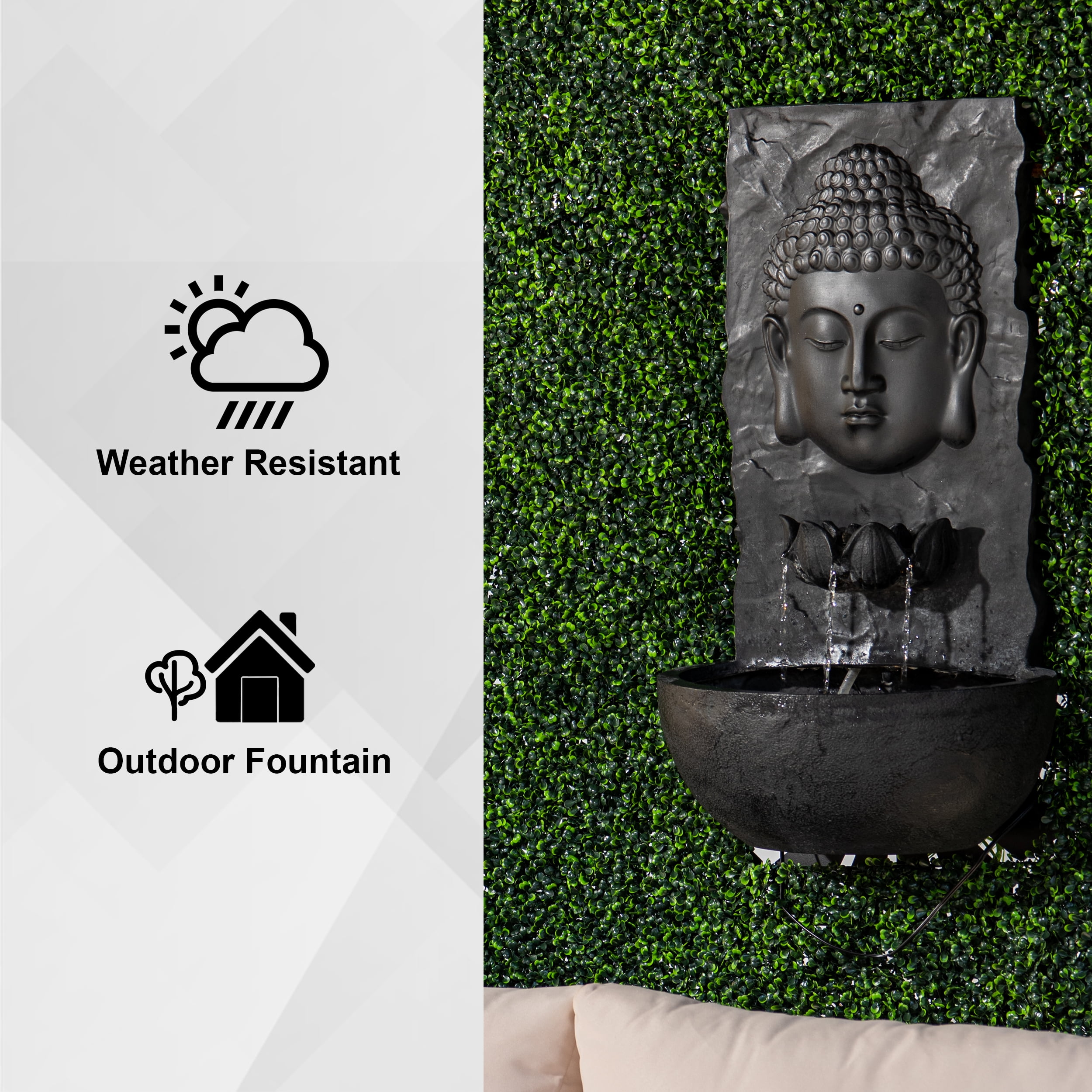 XBrand 30 in H Fiber Resin Wall Buddha Zen Outdoor Garden Water Fountain w/ warm LED Light, Black
