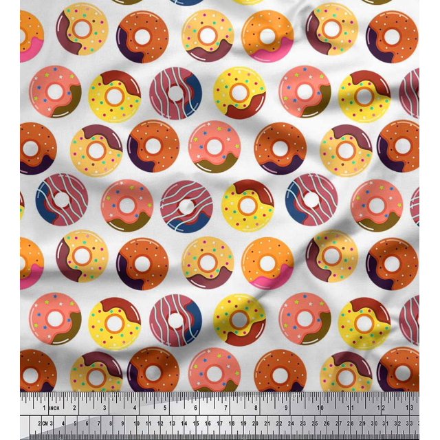 Soimoi Crepe Silk Fabric Donuts Food Print Fabric by The Yard 42 Inch Wide