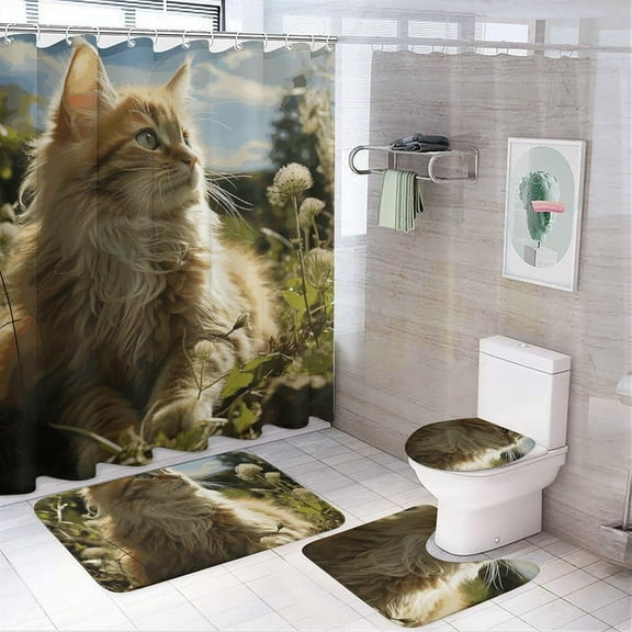 Cat Sitting in Green Field Shower Curtain Set 4 Piece with Non-Slip Rugs, Toilet Lid Cover and Bath Mat Soft Bathroom Carpet Waterproof Bathroom Curtain with 12 Hooks for Bathroom Decor