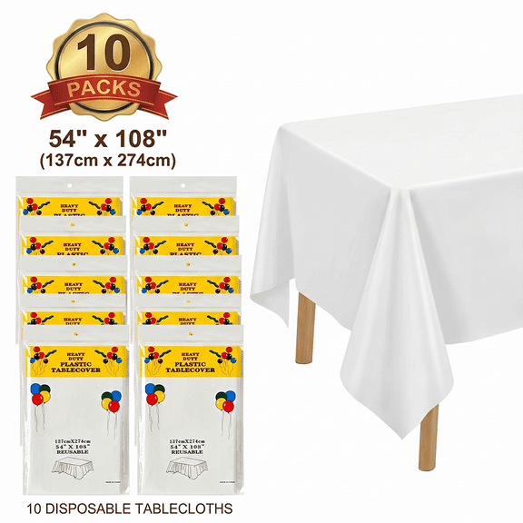 Slaprin 10 Packs White Plastic Tablecloth Disposable, 54"x108" Waterproof & Stain-Resistant Table Cover for Rectangle Tables, for Parties Picnics Camping