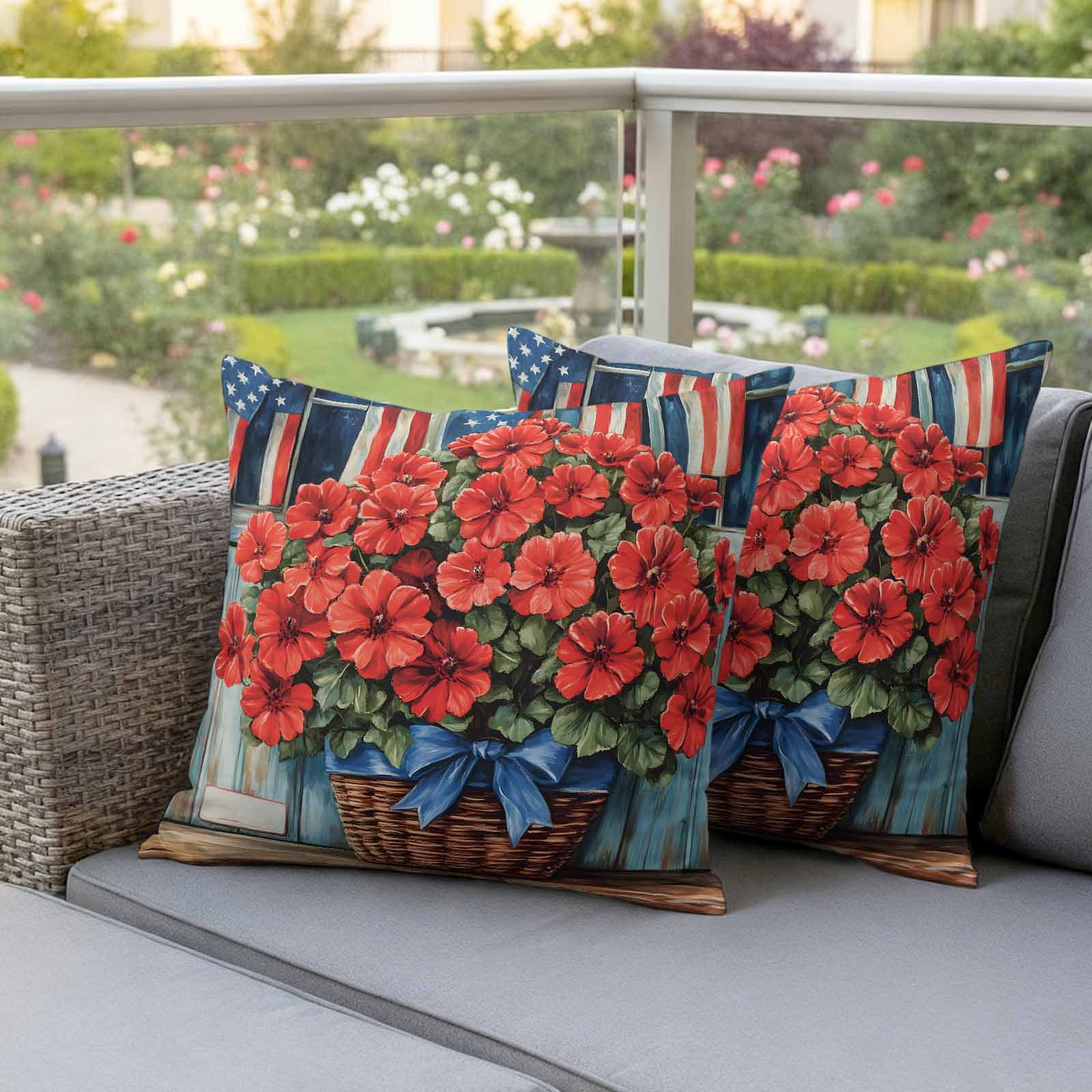 Begonia Flower Pillow Covers 2 Pack American Flag Retro Pillowcase Waterproof Outdoor Throw Pillow Cover for Patio Garden Square Cushion 26”x26”