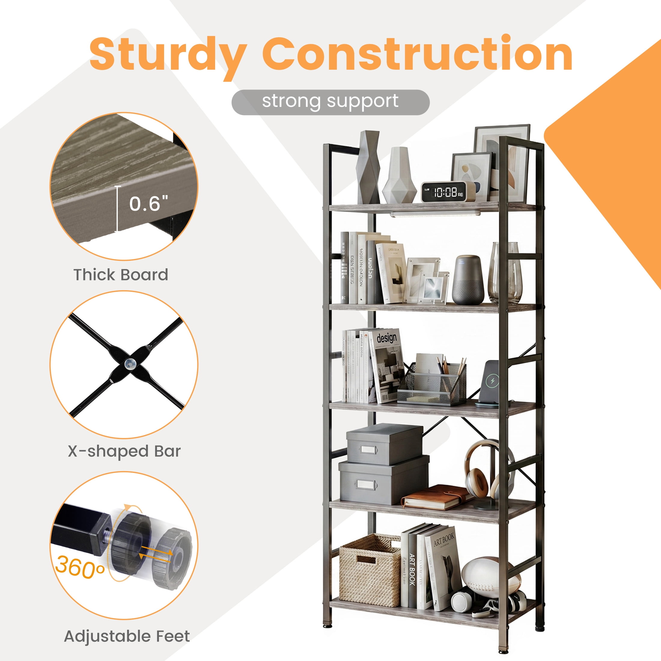 CONCETTA Bookshelf, 5-Tier Small Industrial Storage Shelf & Shelves, Metal Bookcase for Home Office, Living Room, Wood Gray