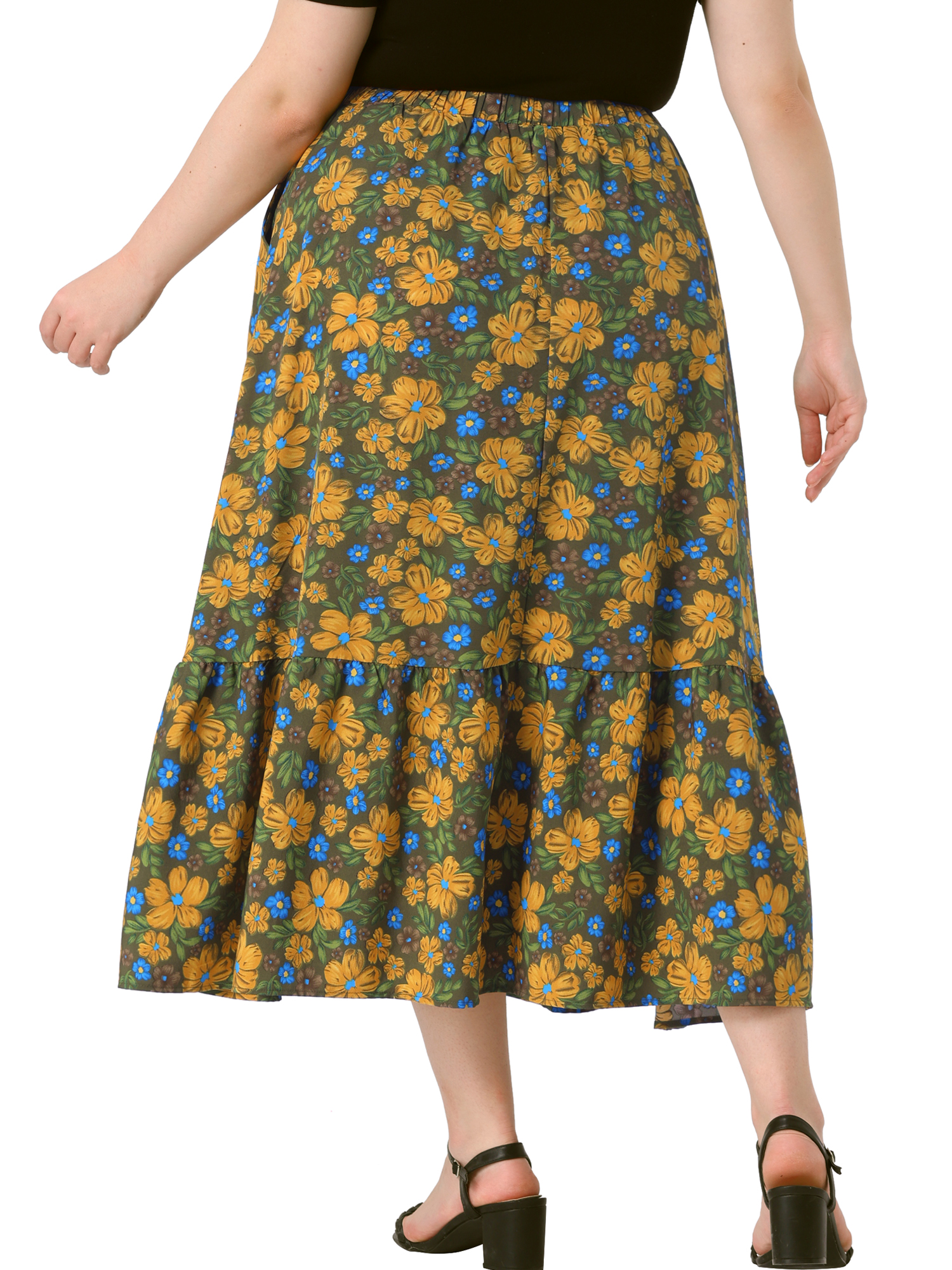 DARING DIVA Women's Plus Skirts Floral Stretchy Waist Layered Maxi Skirt 3X Green Yellow