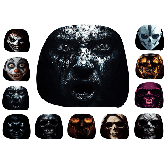 Halloween Car Headrest Covers Horror Male, Cartoon Stretchy Seat Headrest Protector Soft Polyester Fabric with Funny Print for Auto Interior Decoration