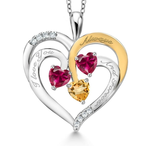 Gem Stone King Two Tone Red Created Ruby and Yellow Citrine Created Moissanite `I love you always and forever` Engraved Pendant Necklace for Women (1.66 cttw, Heart Shape 5MM, 18 inch Chain)