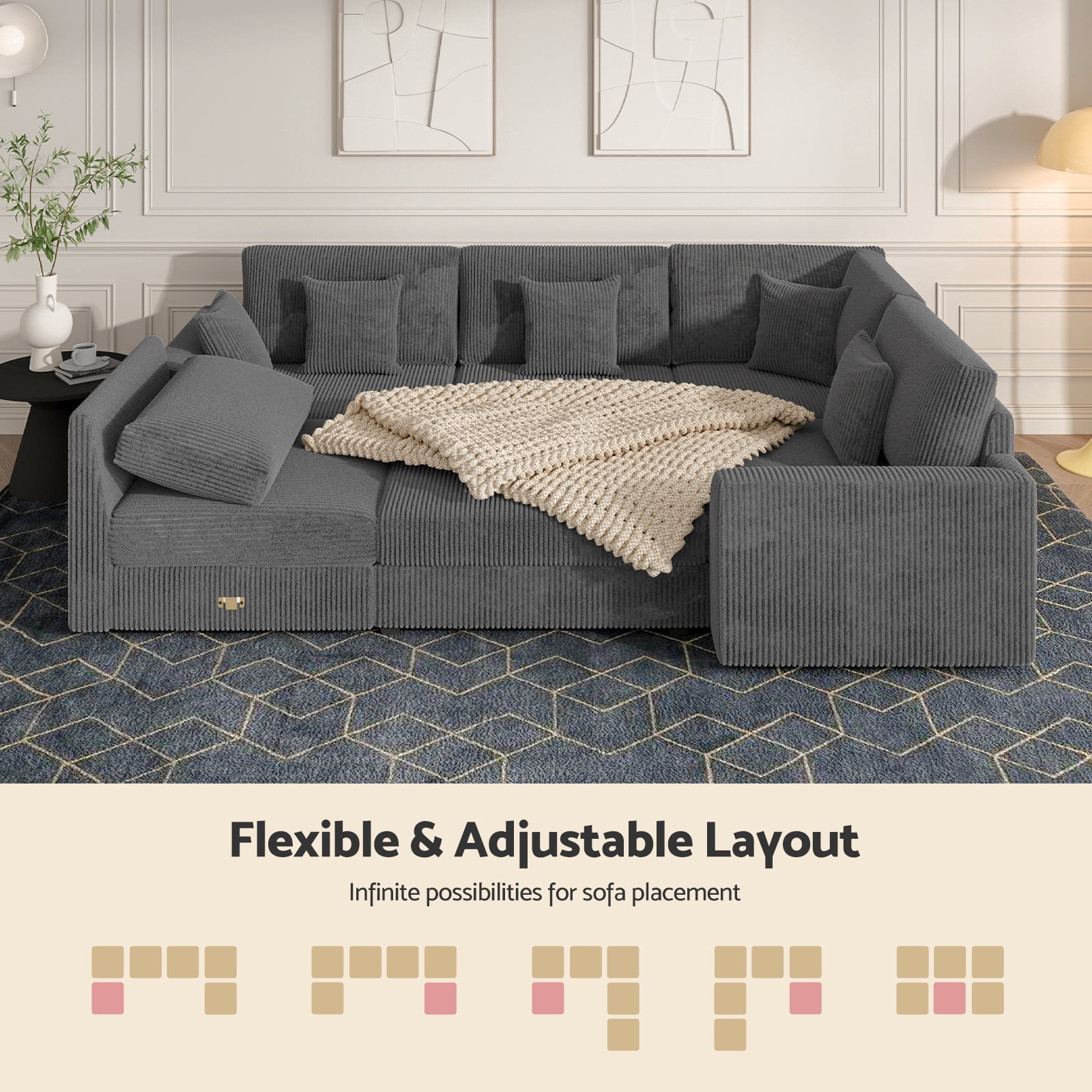 Advwin Oversized Modular Sectional Sofa with Storage Ottoman & 5 Pillows, Modern L-Shaped 6-Seater Corduroy Cloud Couch, Convertible Sleeper Sofa for Living Room, Dark Gray