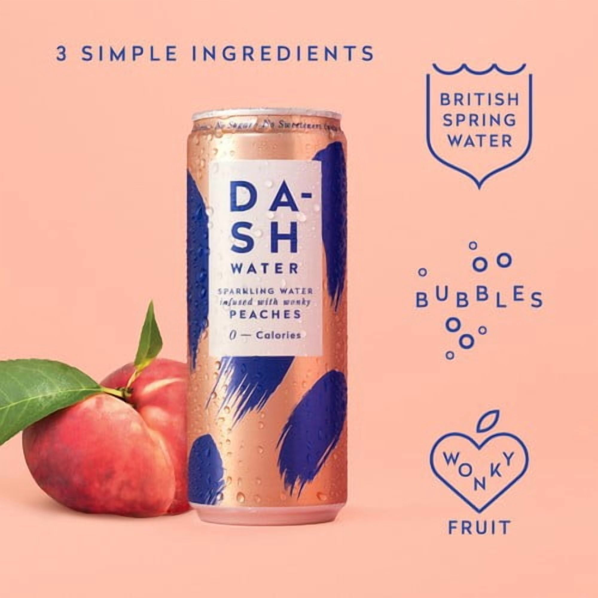 DASH Peach Infused Sparkling Water 12 x 330ml, British Import (Pack of 2)
