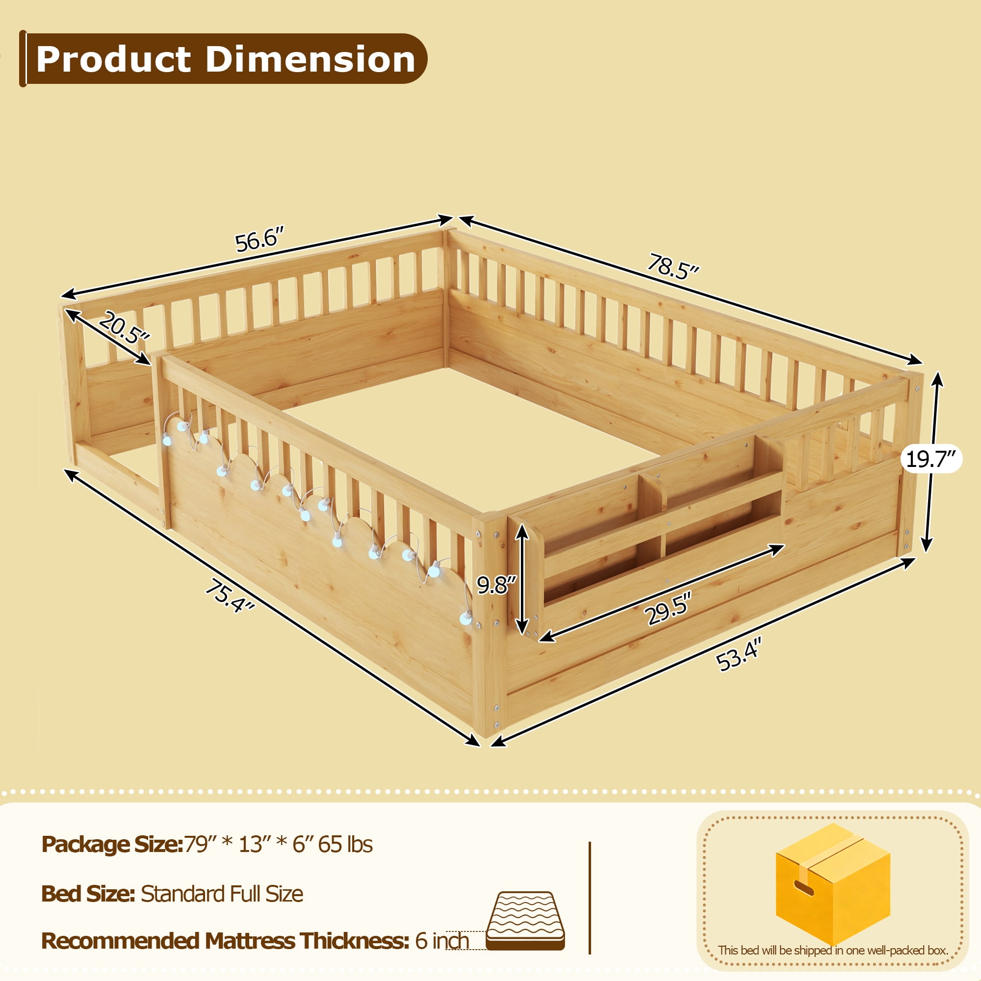 Full Size Toddler Floor Bed Frame, Montessori Floor Bed with Guardrails, Pine Wood Bed Frame for Kids, No Slats Included, Natural