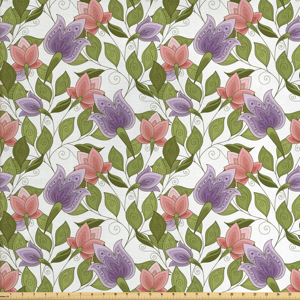 Floral Fabric by the Yard, Pastel Tone Tulip Flower Aged Ottoman