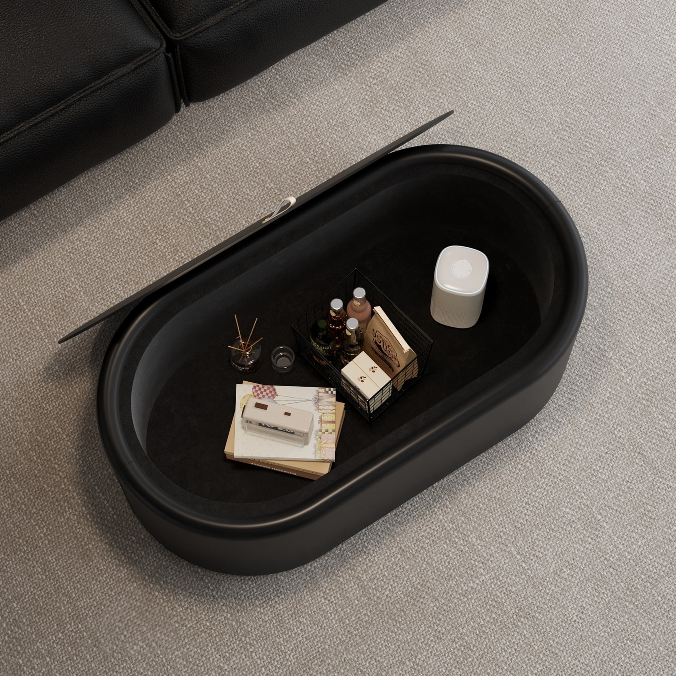Noble House Morade 33.5" Fluted Curved Rectangle Storage Coffee Table with Glass Top & Leather Wrapped for Living Room, Black