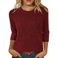 thumbnail image 2 of miqiqism Woman Quarter Sleeves Sweater Casual Crew Neck Knitwear Solid Tunic Pullover Tops Slim Fit Cable Knit Blouses Sweaters Fall 3/4 Sleeve Clothing,Wine,Large, 2 of 6