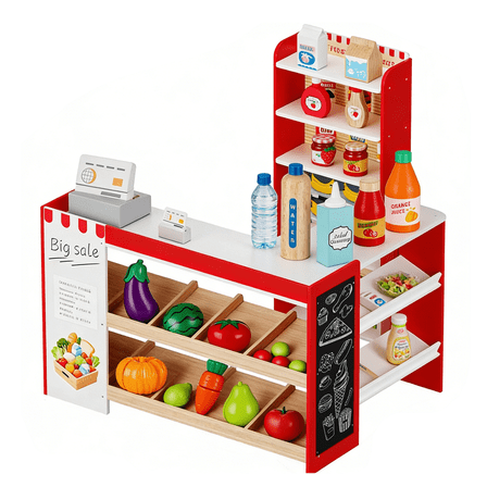 LAZY BUDDY Kids Grocery Store Playset, Wooden Pretend Play Store with 19pcs Accessories, Cash Register, Chalkboard, Interactive Toy for Toddlers 3 