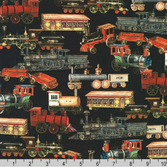 Cotton Library of Rarities Antique Trains Engines Caboose Cars on Black Robert Kaufman Cotton Fabric Print by the Yard (SRKD-23355-2)