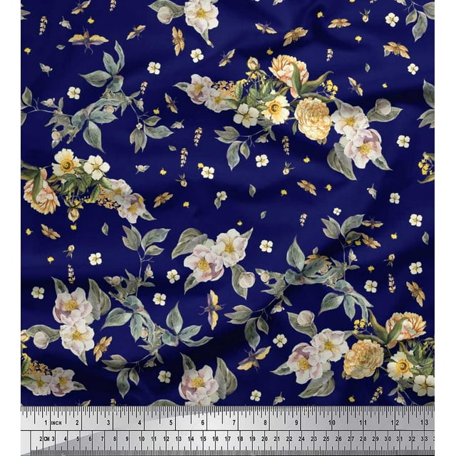 Soimoi Cotton Poplin Fabric Leaves,Moth & Magnolia Floral Print Sewing Fabric Yard 42 Inch Wide