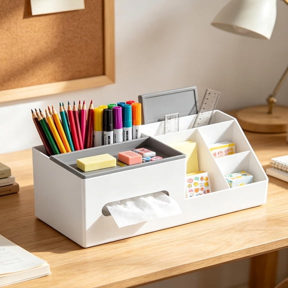 Plastic Desktop Storage Organizer Box with Drawers, Large Capacity Multi Grid Office Desk Caddy with Tissue Holder, Space Saving Desk Stationary Organizer Accessories for Office Home Vanity