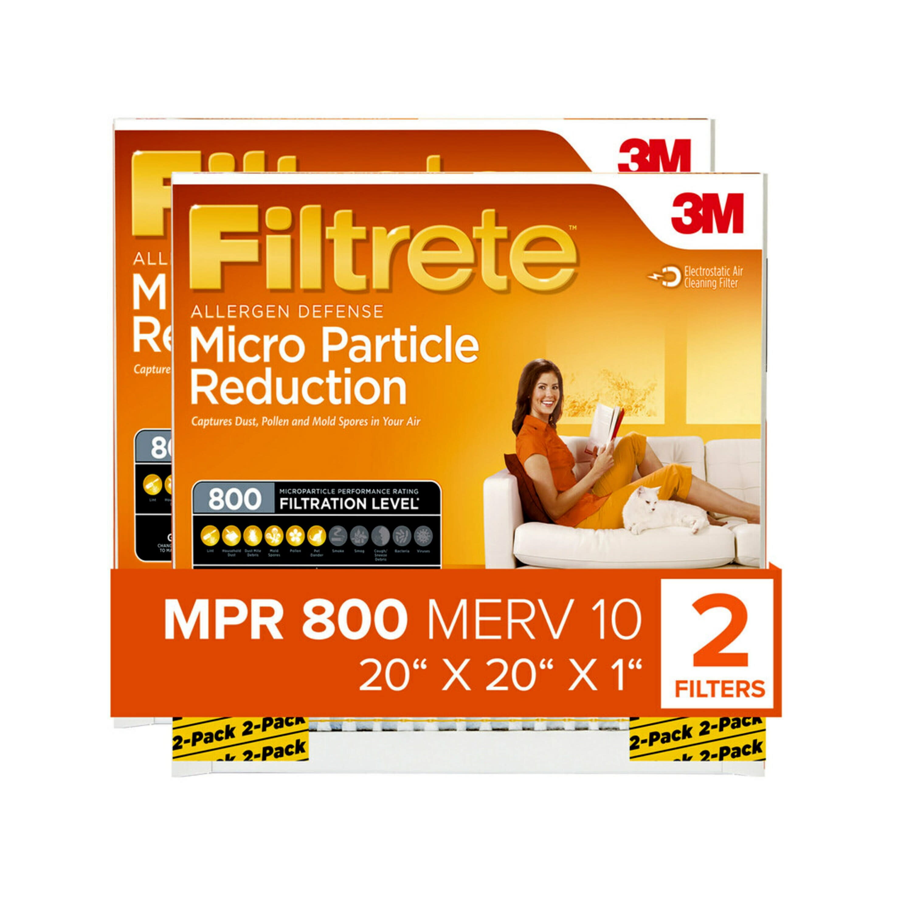 Filtrete by 3M, 20x20x1, MERV 10, Micro Particle Reduction HVAC Furnace Air Filter, Captures Pet Dander and Pollen, 800 MPR, 2 Filters