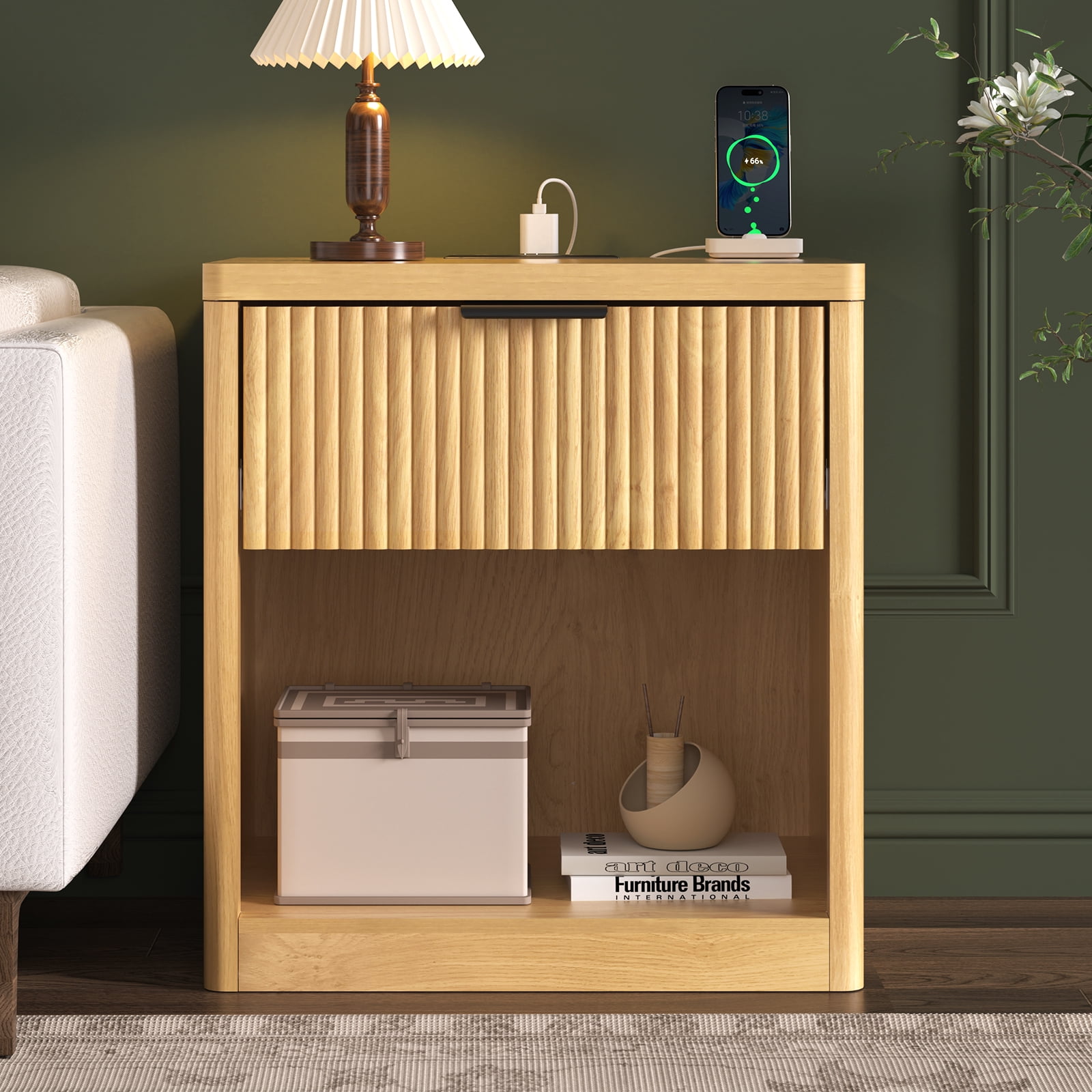 Hommpa Nightstand, Fluted Bed Side Table with Charging Station, Modern End Side Table for Bedroom Furniture Living Room Sofa, Night Stand with Storage Drawers and Large Open Shelf