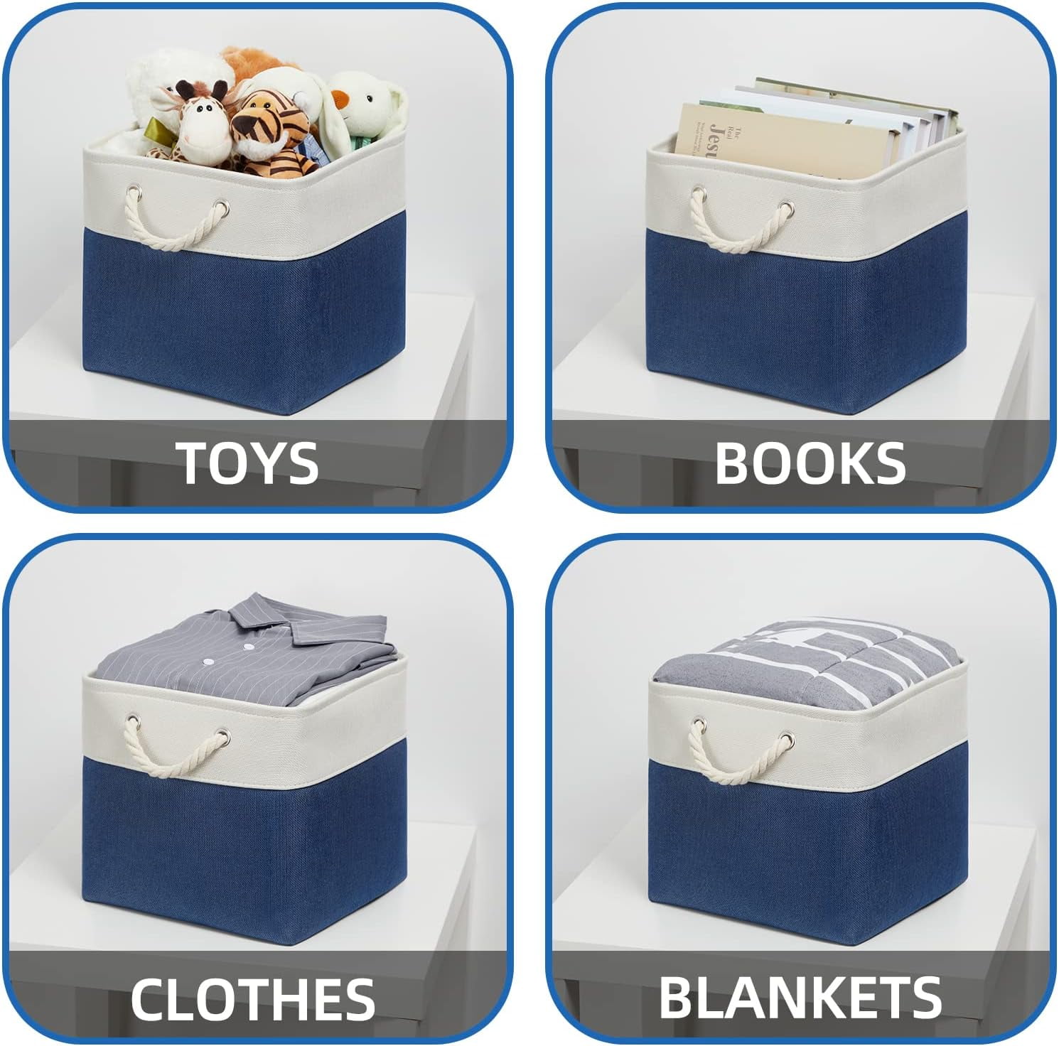 Storage Baskets for Shelves 13x13 Baskets for Gifts Empty, 4 Pack Shelf Baskets Large Storage Baskets Cube Storage Bins Fabric Storage Cubes with Handles for Shelves (White&Blue)