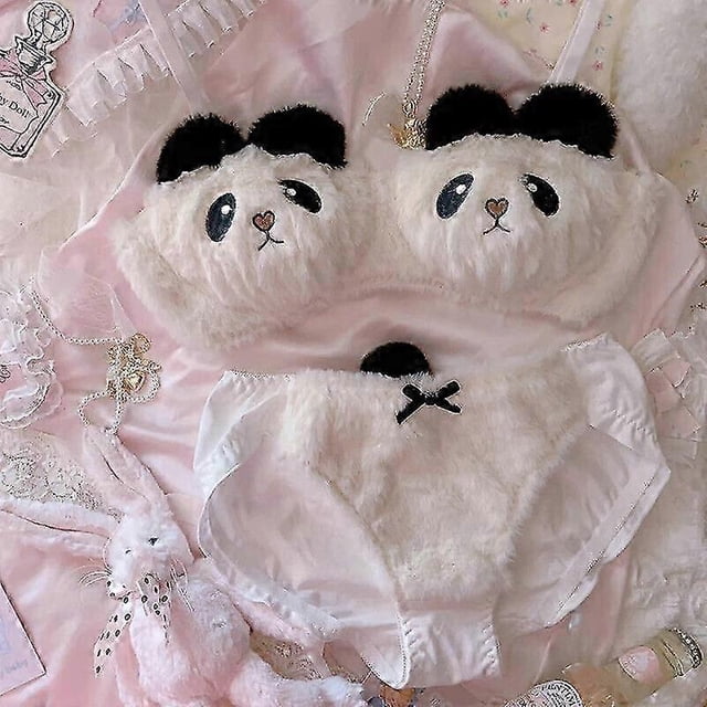 Sexy Lingerie Cute Panda Underwear Set Bow Plush Trim Push Up Bra & Panties Dres