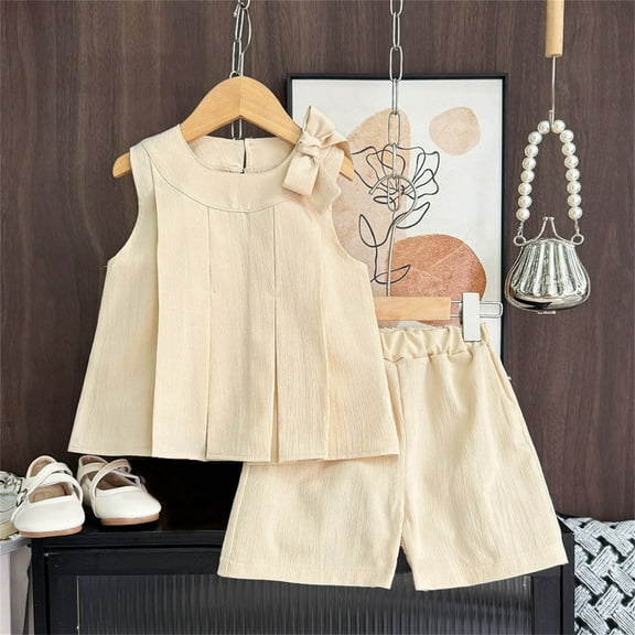 NAISIBABY Girl's Outfits 2-Piece, Sleeveless Pleated Bowknot Tops Elastic Waist Shorts Kids 2025 Summer Cute Sets Beige 5-6T