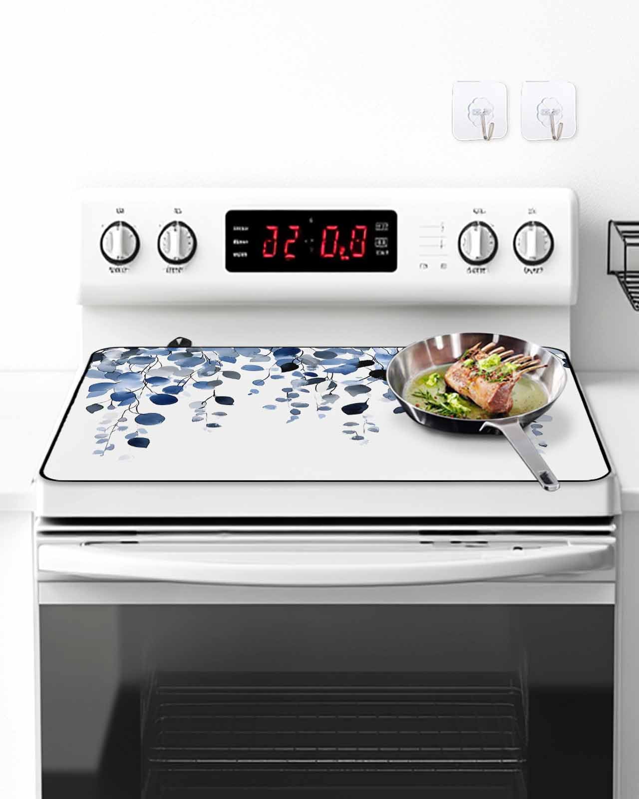 Stove Top Covers for Electric Stove, Blue Eucalyptus Leaves Glass Stovetop Cover Protector, Summer Botanical Watercolor Induction Cooktop Protector Oven Mat for Kitchen Countertop 24"x21"