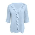 thumbnail image 3 of Ajshakl Blue V-Neck Casual T Shirts for Women, 2025 Chiffon Shirt Mid Sleeved Pleated Ruffled Loose Top Mid Sleeved Top, 3 of 7