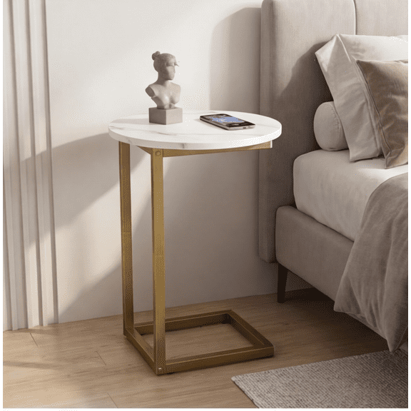 C-Shaped Side Table, Oval Wooden End Table with Metal Frame, Small Sofa Side Table for Living Room Bedroom, Easy Assembly Perfect for Small Spaces