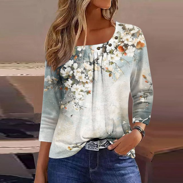 Fiudx Ofertas Flash Artículos En Oferta Blusa de Manga 3/4 a La Moda para Mujer, Camiseta Estampada, Top Informal