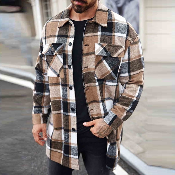 Blusa y camisa de manga larga con cuello vuelto para hombre, blusa holgada informal a cuadros a la moda con botones y cuello vuelto, blusa de poliéster para hombre