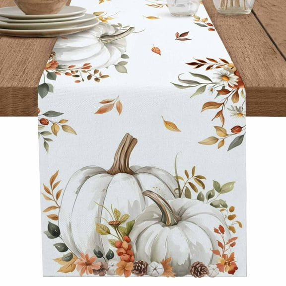 White Pumpkin Table Runner 90 Inches Long for Dining Table Decor,Thanksgiving Maple Leaf Autumn Flower Burlap Linen Farmhouse Table Runner Coffee Table Runners Dresser Scarf for Kitchen Party Holiday