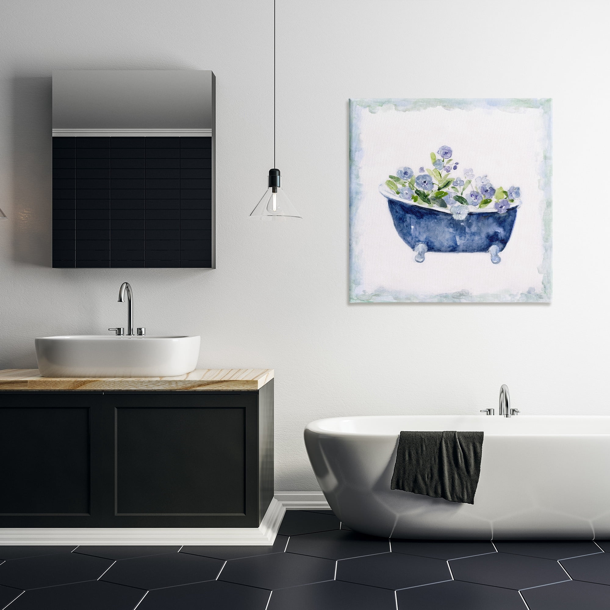 Stupell Industries Charming Blue Bathtub Botanical Floral Design Watercolor Border Gallery-Wrapped Canvas Print Wall Art, 30x30, by Sally Swatland