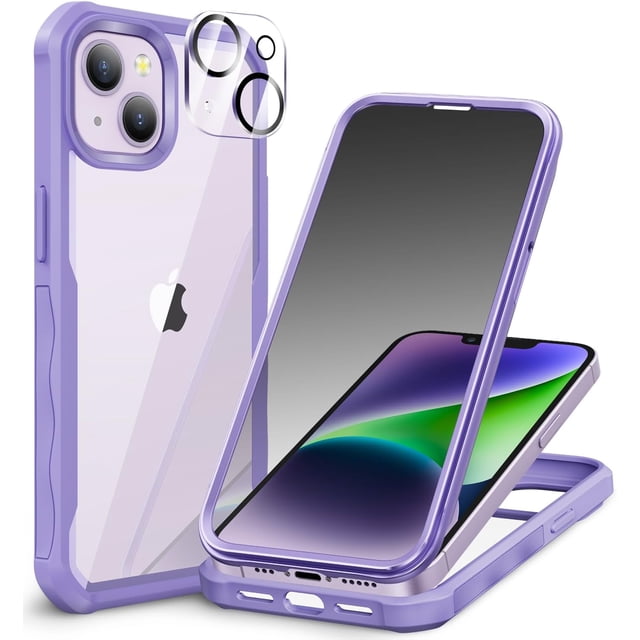 TEMOGU-Compatible with iPhone 14/13 Case Built-in Privacy Screen Protector with Camera Lens Protector, 360°Full Body Shockproof Case for iPhone 13/14 with Anti Spy Screen Protector -Purple