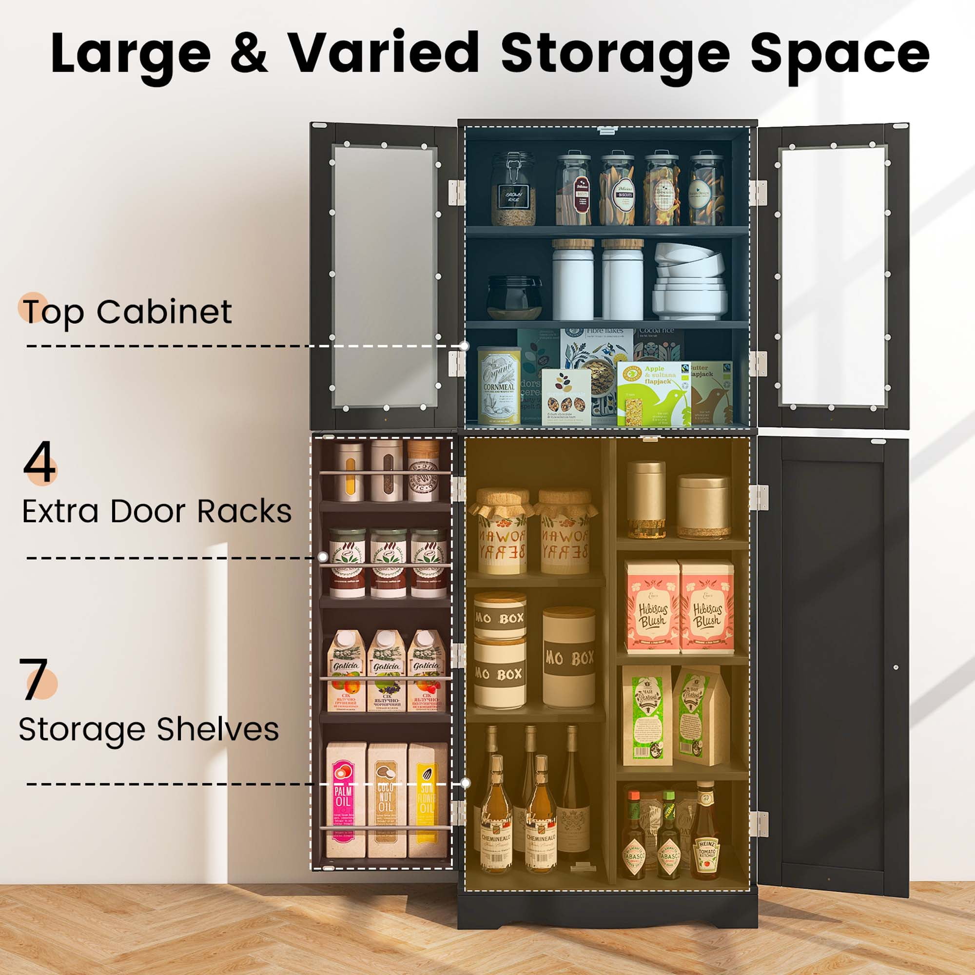 Costway 63.5" Tall Kitchen Pantry Storage Cabinet with Glass Door Storage Shelves Black