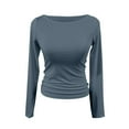 thumbnail image 2 of Xyxonk Crop Tops Fro Women Stretchy Ribbed Long Sleeve Y2k Tee Summer Boat Neck Double Lined Trendy T Shirt Tops Blue M, 2 of 3