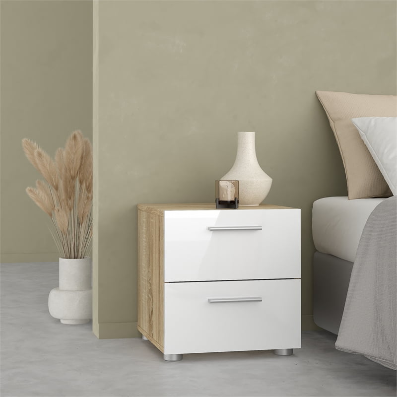Tvilum Loft 2 Drawer Oak/White High Gloss Nightstand -Set of 2