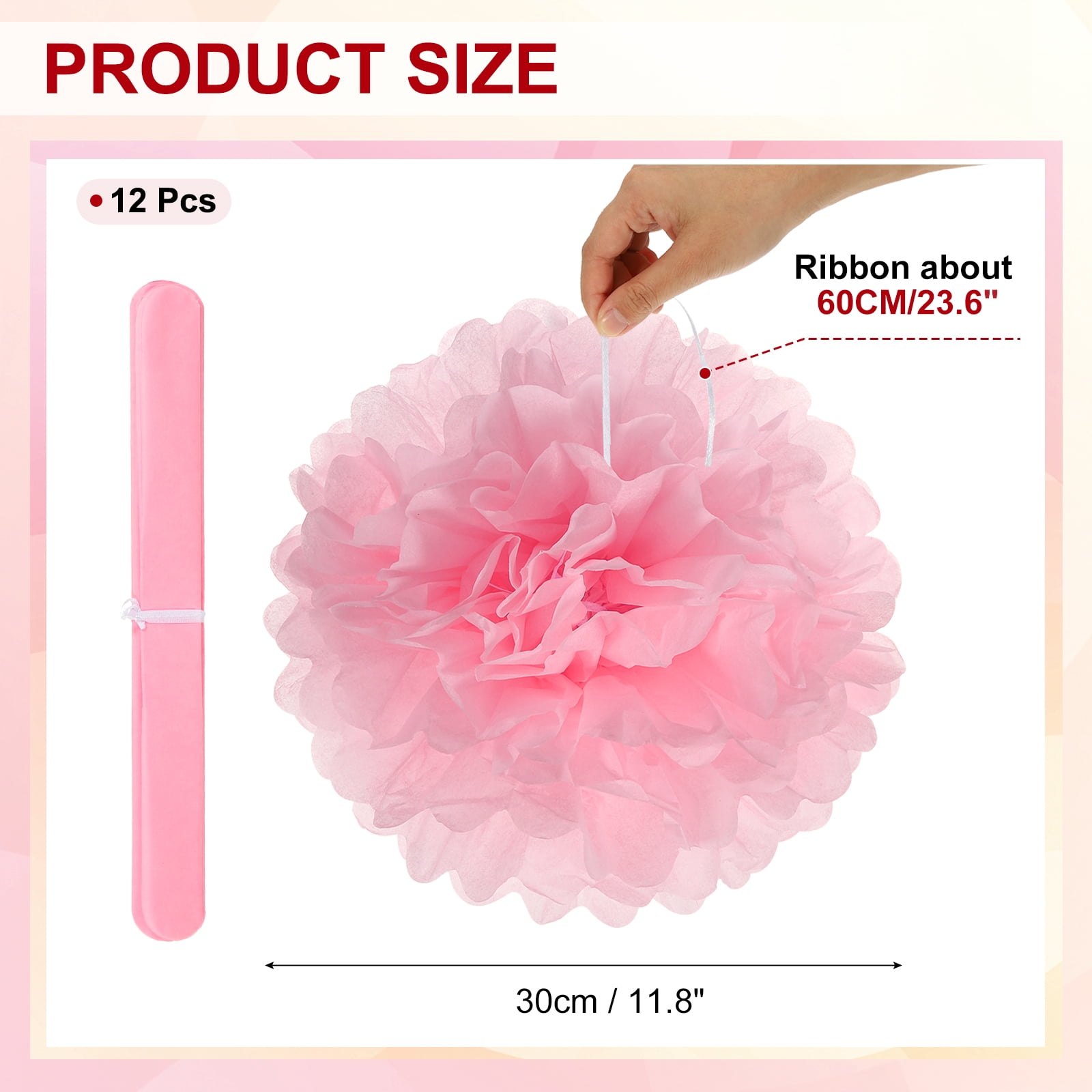12inch Tissue Paper Pom Poms, 12PCS Pom Poms Paper Flowers Ball Tissue Paper Flowers for Wedding Bridal Shower Birthday Bachelorette Party Backdrop Decoration, Pink
