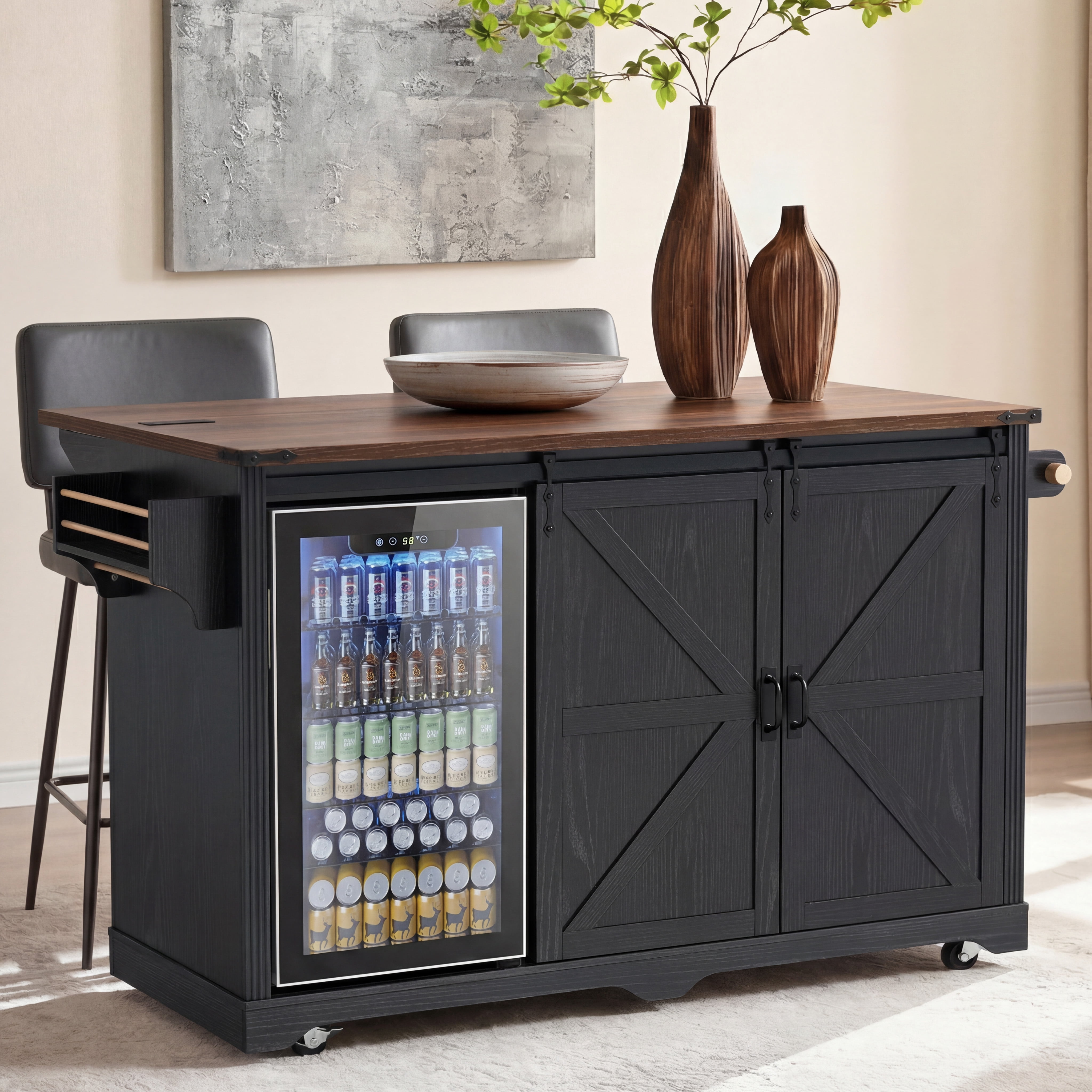 Mintazer 72" Farmhouse Rolling Kitchen Island with 2 Mini Fridge Space & Drop Leaf Countertop and Power Outlet, Bar Storage Cabinet with 4 Drawers & Barn Doors for Kitchen Dining Room, Black & Walnut