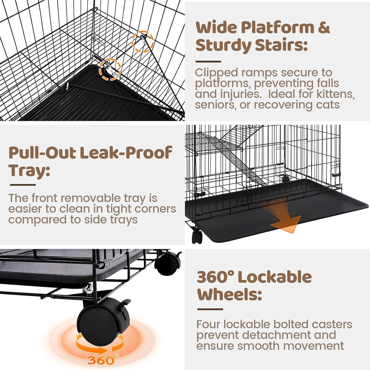 Homey Pet 51 Inch Cat Cages Indoor, Large 4-Tier Cat Crates for Indoor Cats, Collapsible Metal Wire Cat Enclosures Big Kennel for Adult Cats Kitten  with Hammock, Ladders, 360° Wheels