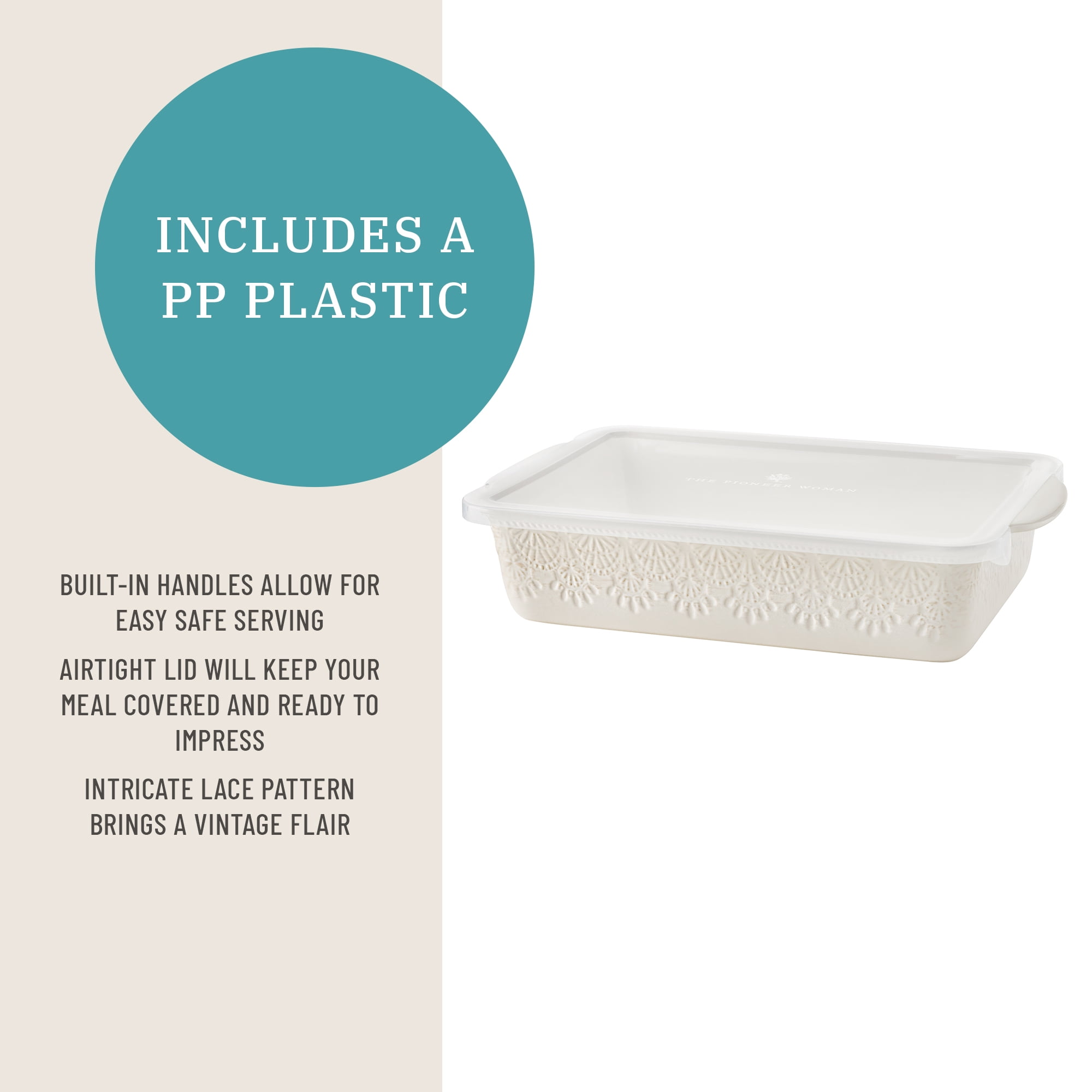 The Pioneer Woman Vintage Lace 9” x 13” Ceramic Casserole Dish, Baking Dish with Lid, Linen