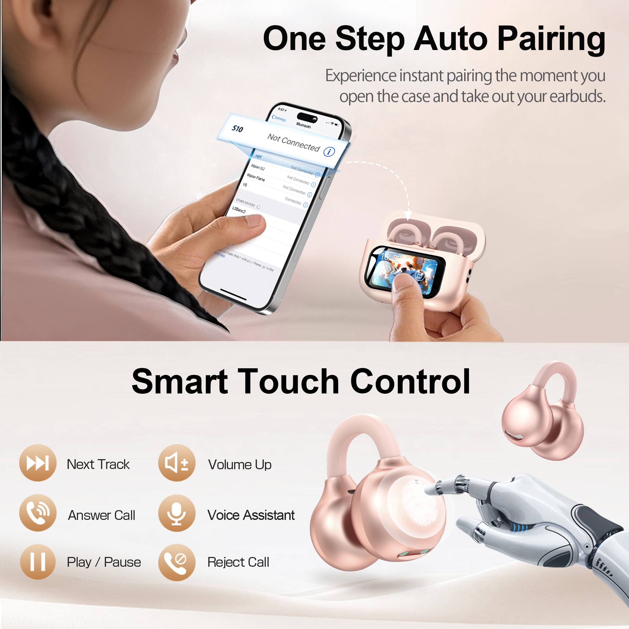 Open-Ear Headphones, Wireless Clip On Earbuds with Touch Screen Charging Case 60H Playtime, Bluetooth 6.0, IPX7 Waterproof, Lightweight Comfort, Stable Fit, Open-Ear Safety Design for Workout/Running