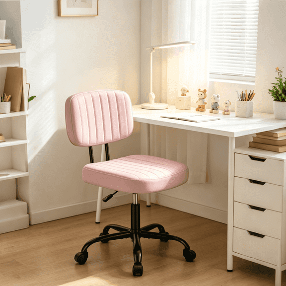 Armless Vanity Chair for Makeup Room, Small Desk Chair with Tufted PU Leather, Adjustable Height Rolling Computer Chair for Home Office & Dorm, Pink