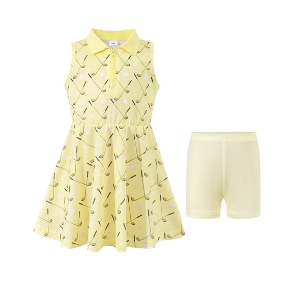 Kucnuzki 7T Years Girls Summer Dress 8T Child Girl CLothing Sleeveless Golf Print A-line Dresses with Bottoms Athletic Clothes Sundress 2pcs Yellow